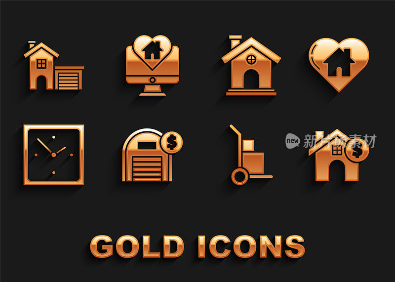 Set Warehouse with dollar symbol, House heart shape, Hand truck and boxes, Clock, and Monitor in icon。向量